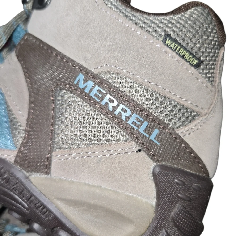 Merrell Deverta 2 Hiking Boot Women 7 Suede Mesh Upper Light Brown Blue Lace-up
